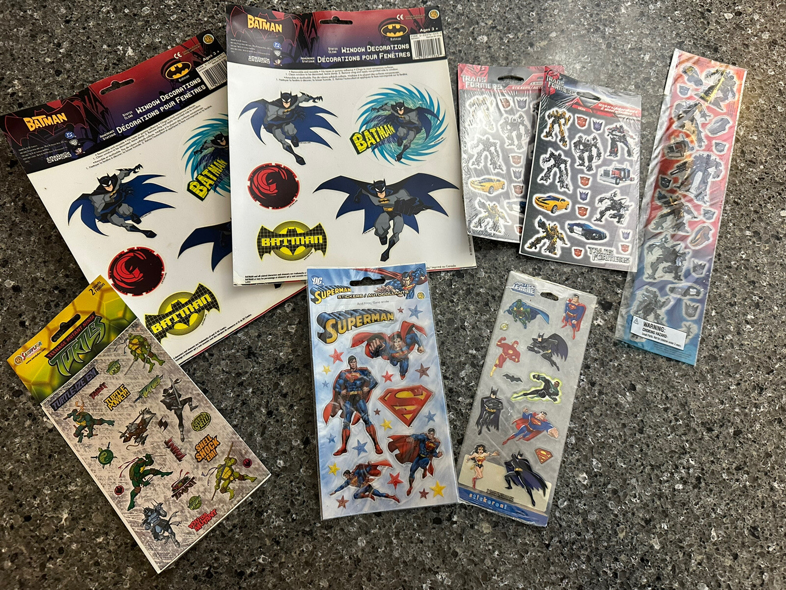 Lot Of 8 Full Sheets Of Assorted Bat MAN Stickers Transformers Ninja Turtles Etc