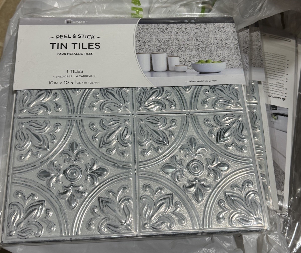 New In Home Chelsea Antique White Peel & Stick Faux Tin Tiles 10”X10”