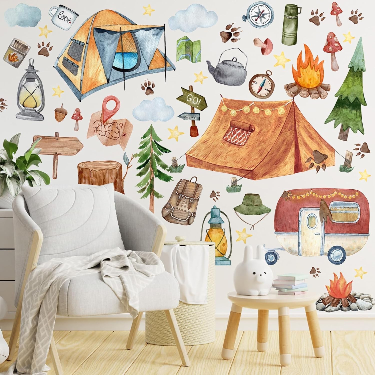 2 Sheet 64 Pcs Camping Wall Decals Stickers Adventure Theme As Picture Shown