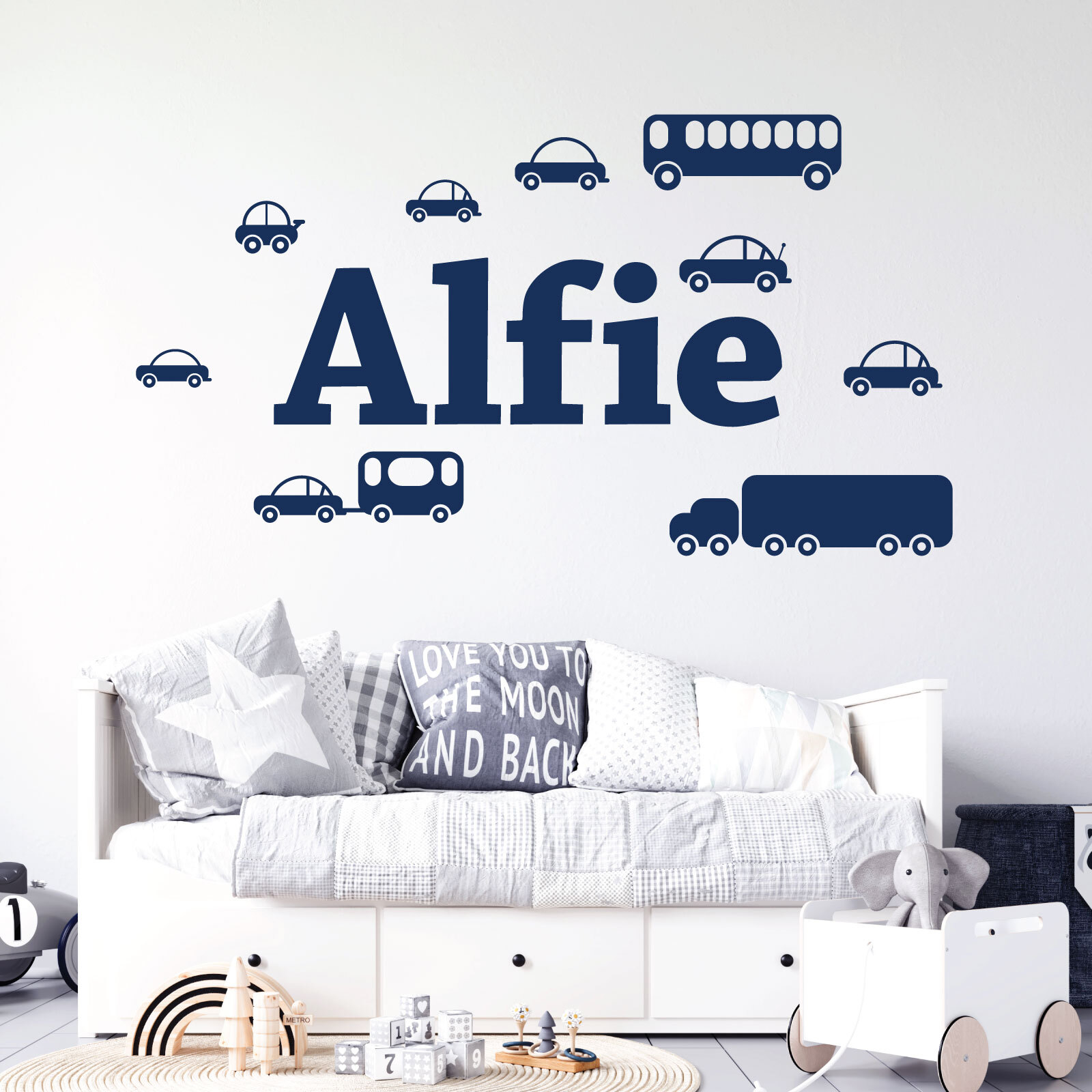 Personalised Name Cartoon Trucks Cars Wall Sticker – Boys Bedroom – Vinyl UK