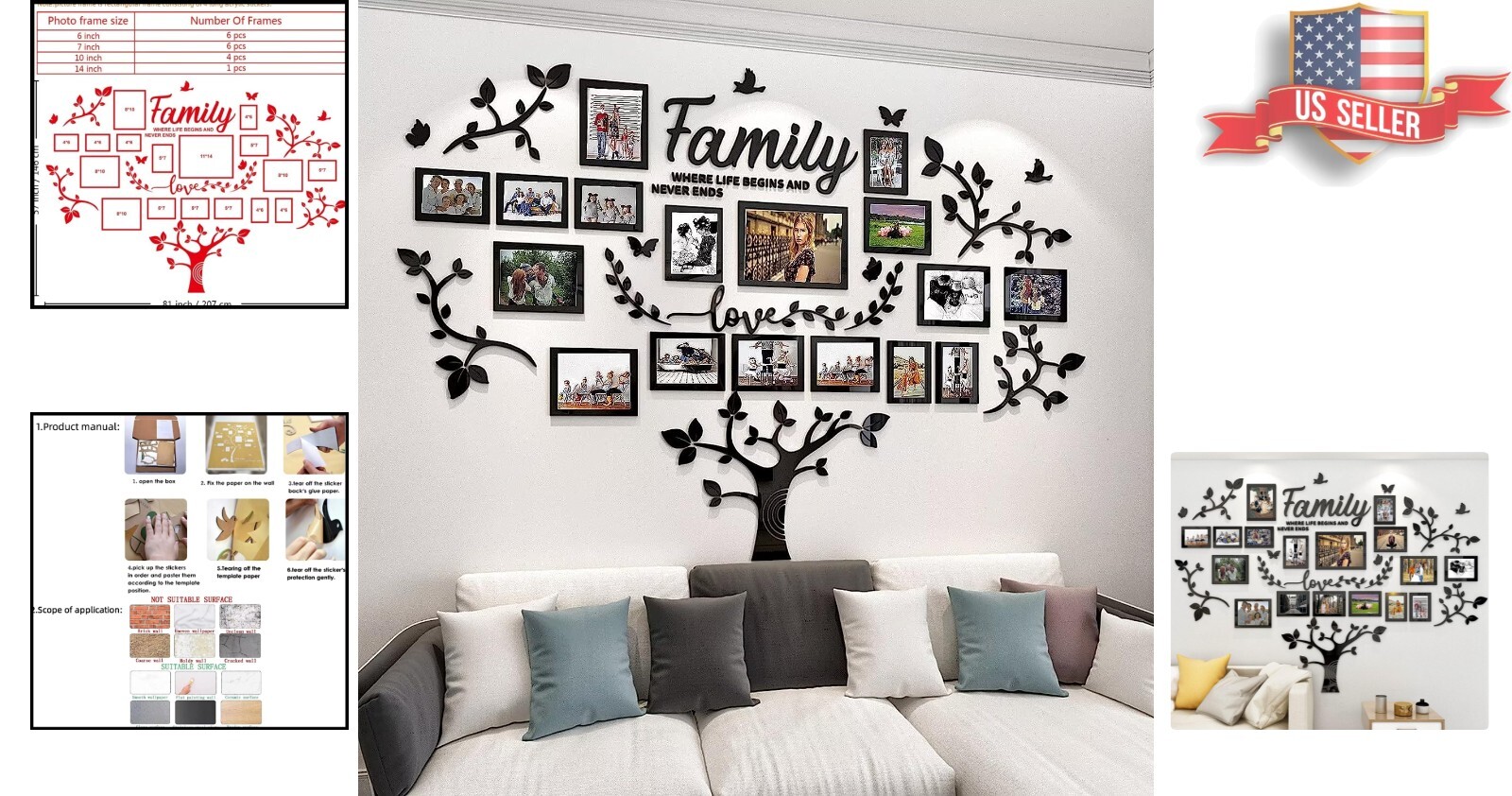 Premium Family Tree Wall Sticker – Acrylic – 57"x81" – 17 Picture Frames