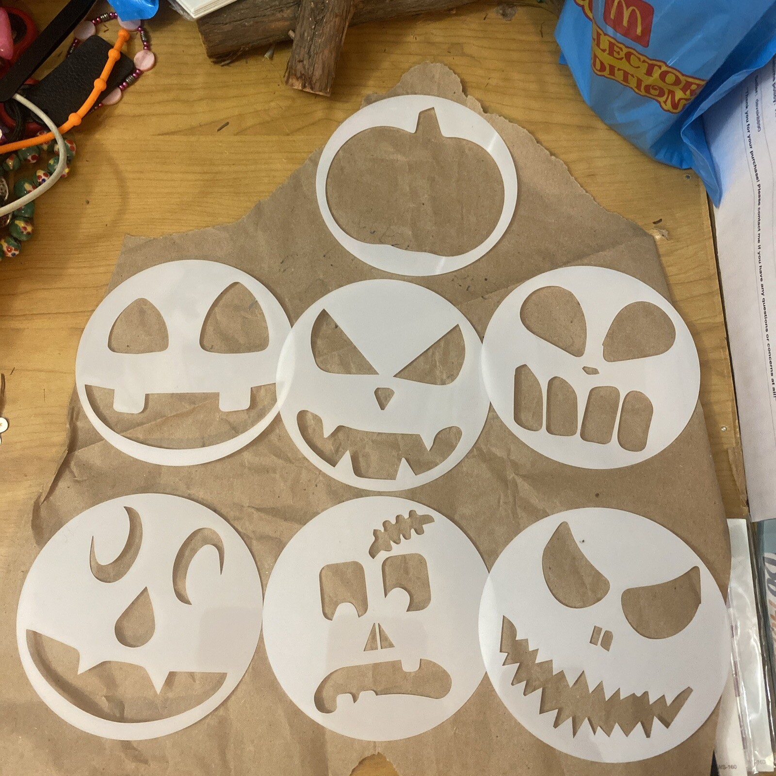 7 PACK Pumpkin Carved Faces Vinyl Decals Halloween Carving 6 In Round