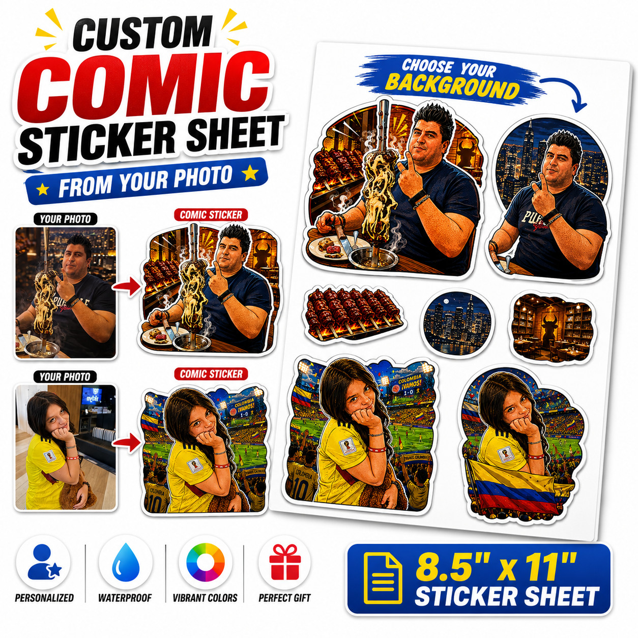 Custom Comic Sticker Sheet From Photo 8.5×11 Personalized Portrait Decals