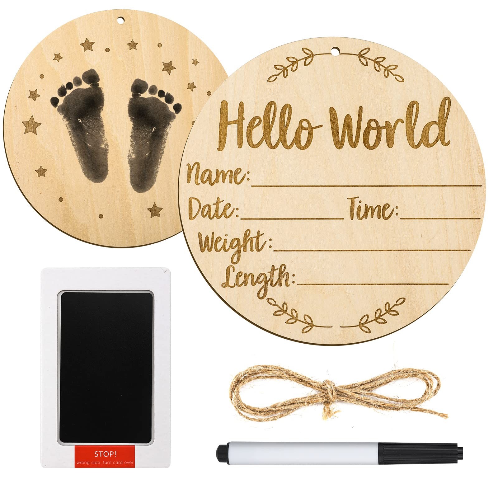 Baby Announcement Sign Wooden Newborn Name Plate with Ink Pad for Hand Footprint