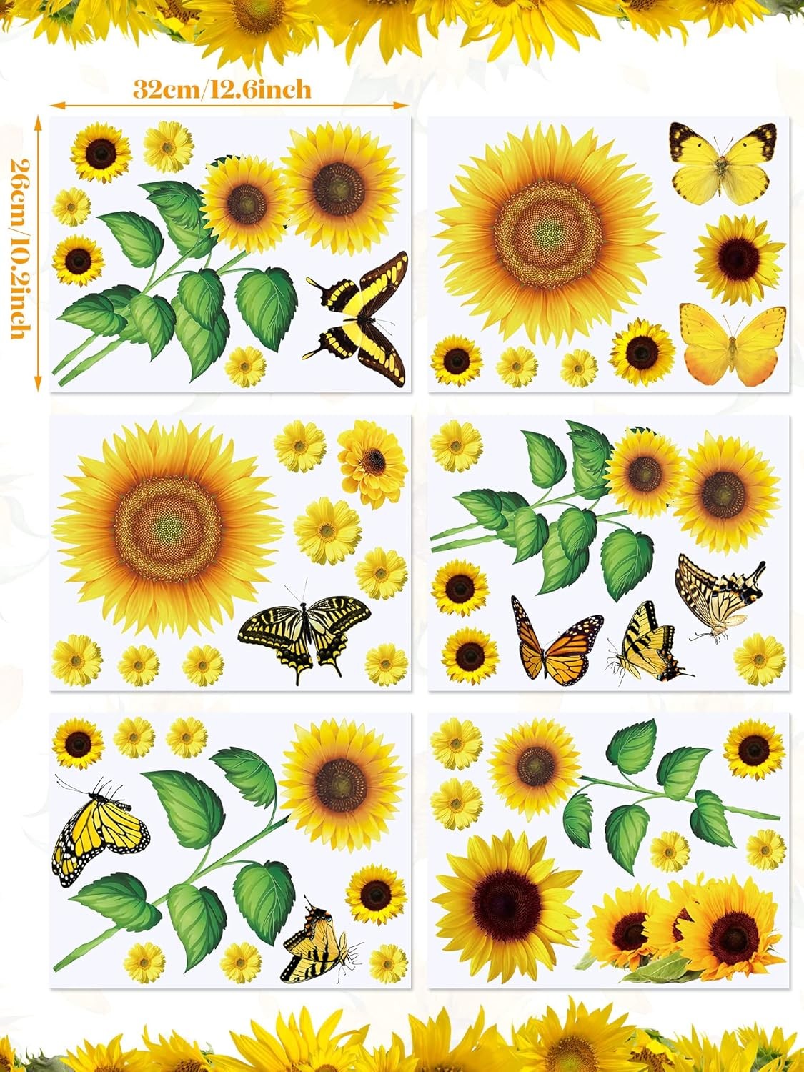 53 Pcs Sunflower Daisy Wall Decals Butterfly Stickers, Waterproof Yellow