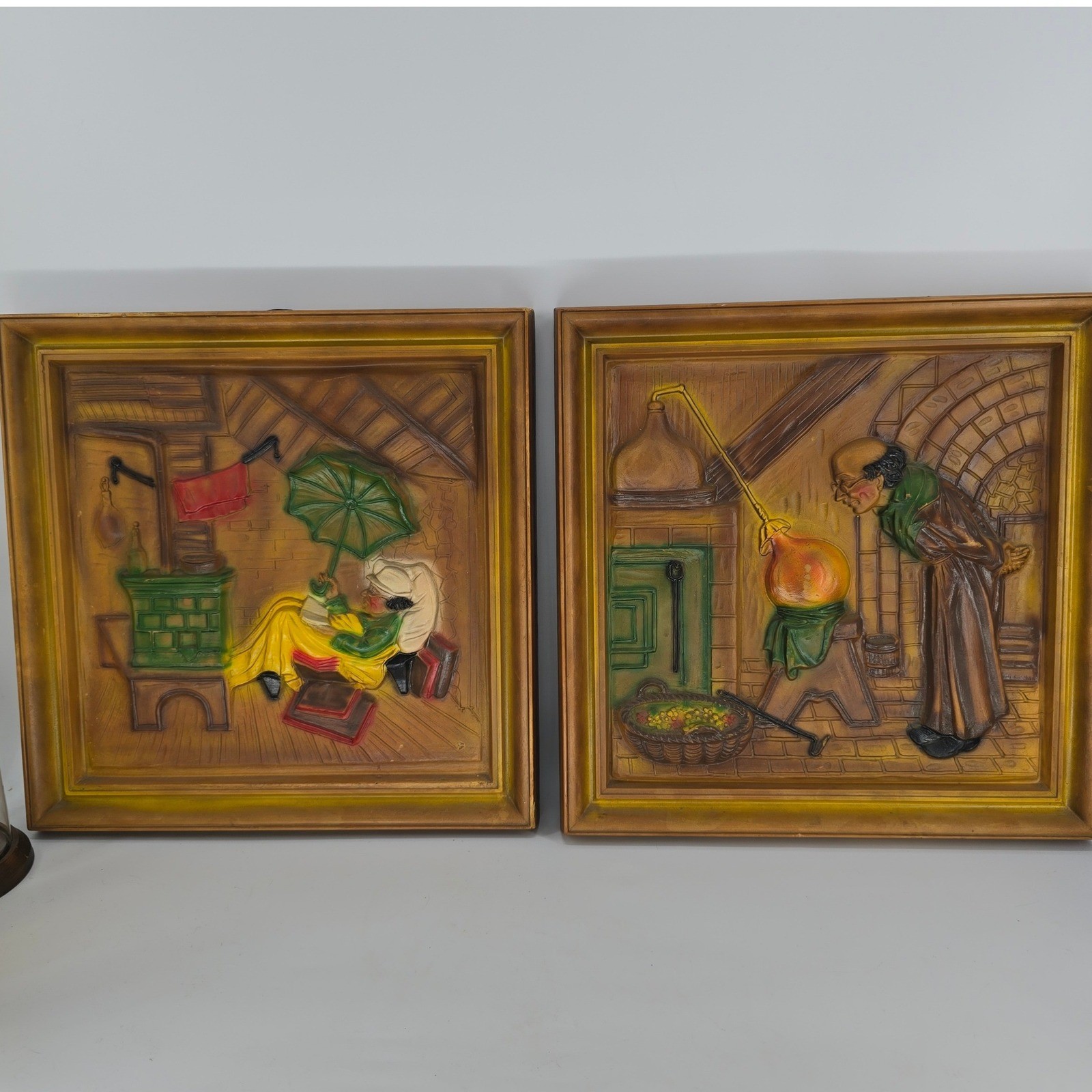Vintage Italian 3D Faux Wood Plaques Set Mod Dep Spitzweg Alchemist Poor Poet