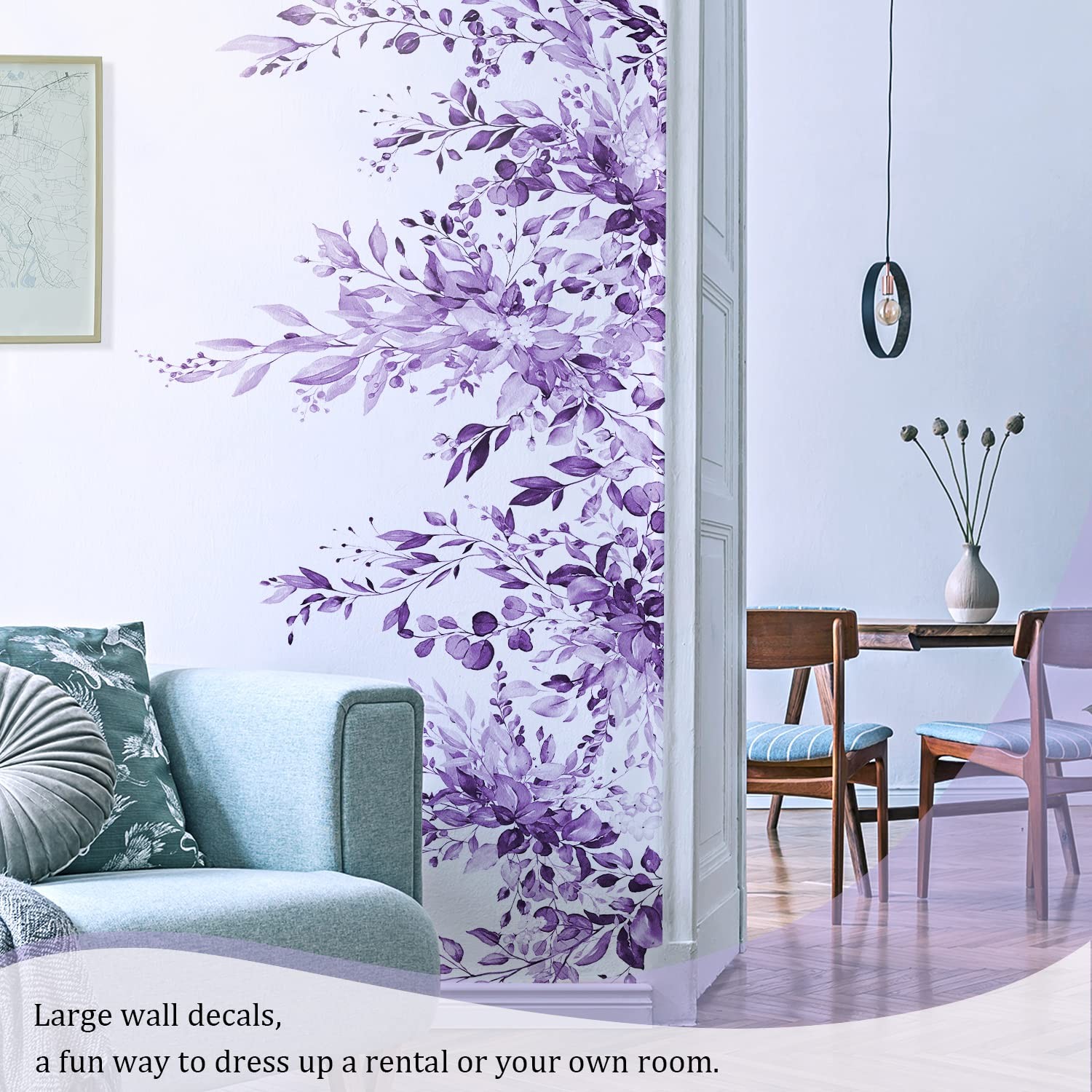Purple Plants Leaves Wall Decals Peel and Stick, Large Floral Flowers Wall St…