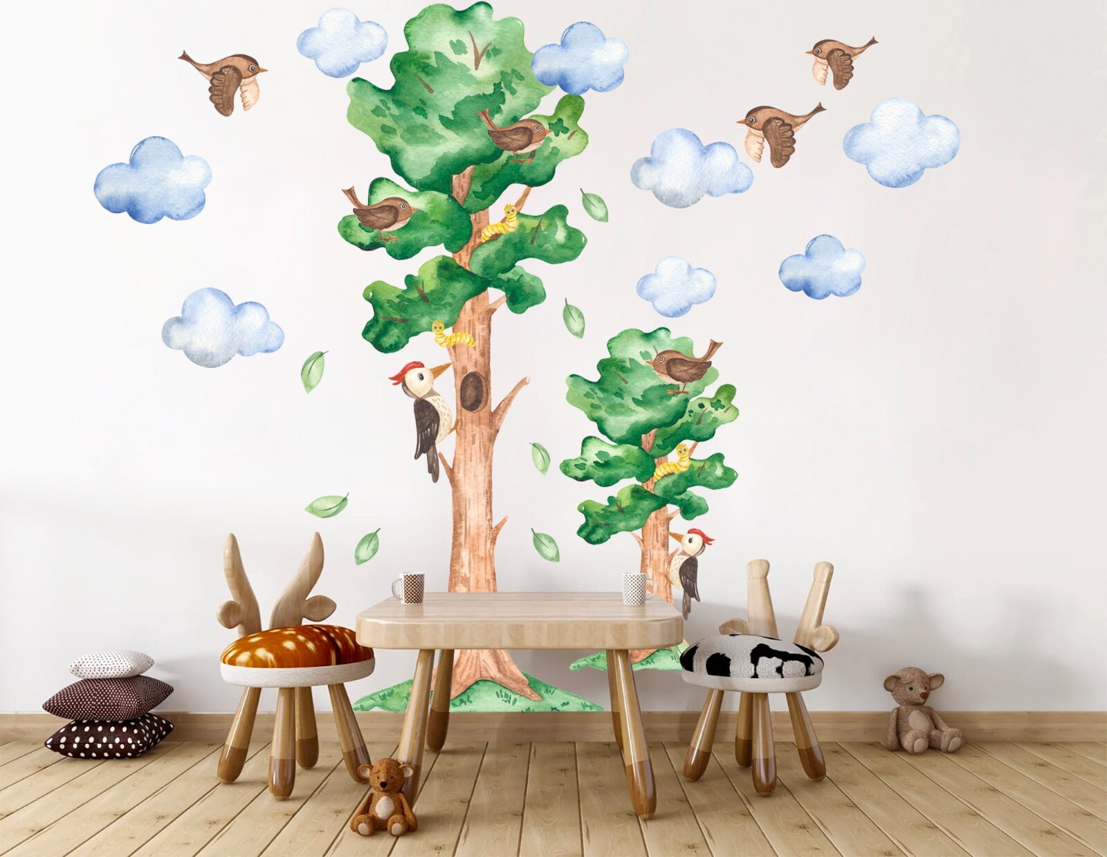 Woodpecker Birds on Tree Falling Leaves Wall Fabric Decal Set Sticker Kid Room
