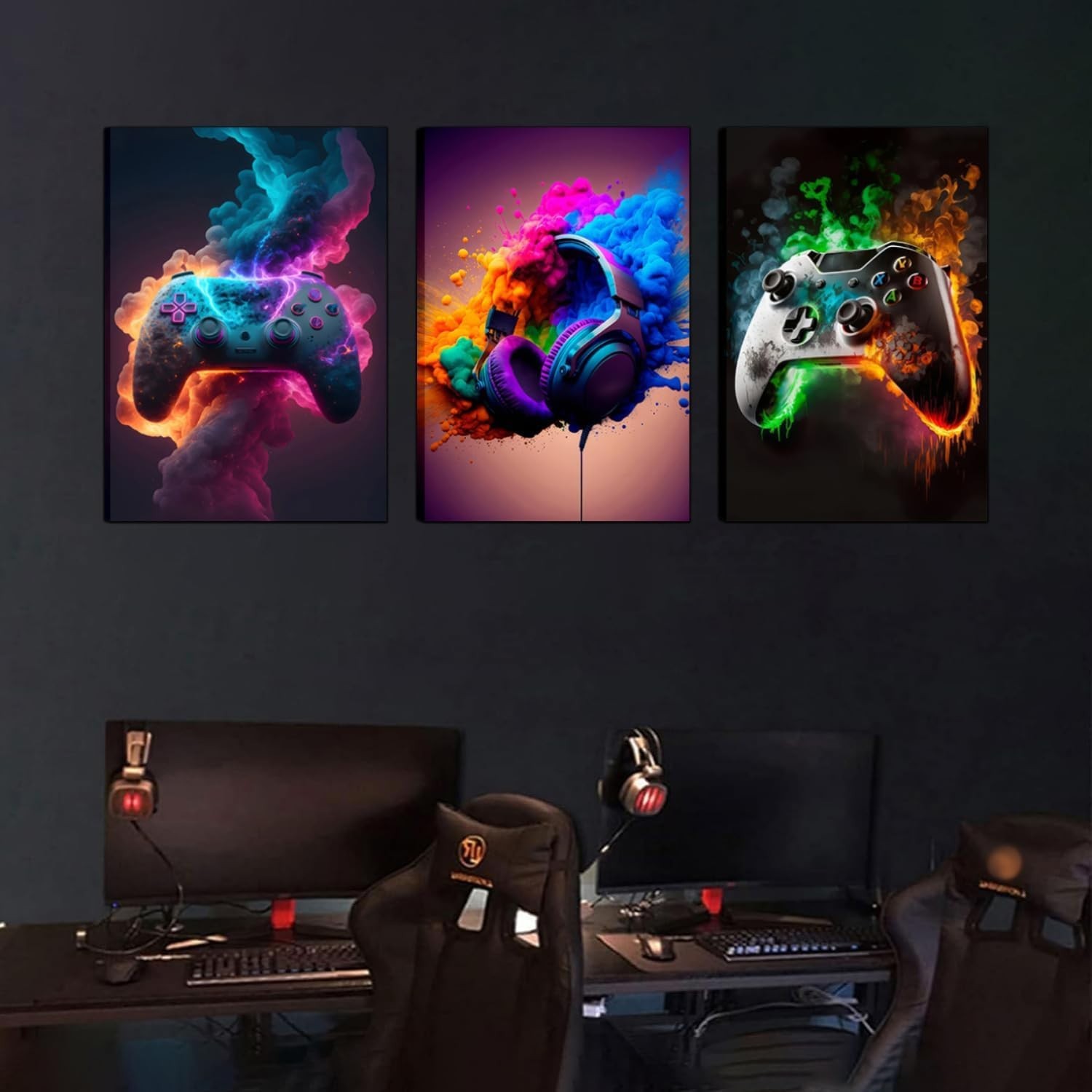 Vibrant Gaming Wall Art Set of 3 – Neon Canvas Prints for Teen Rooms