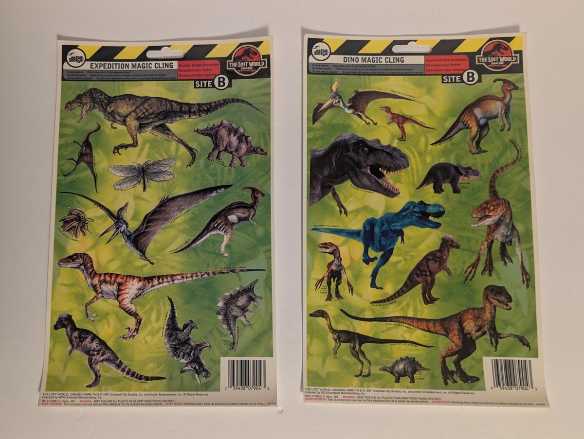 2 The Lost World Jurassic Park reusable window decorations. Unused 1997