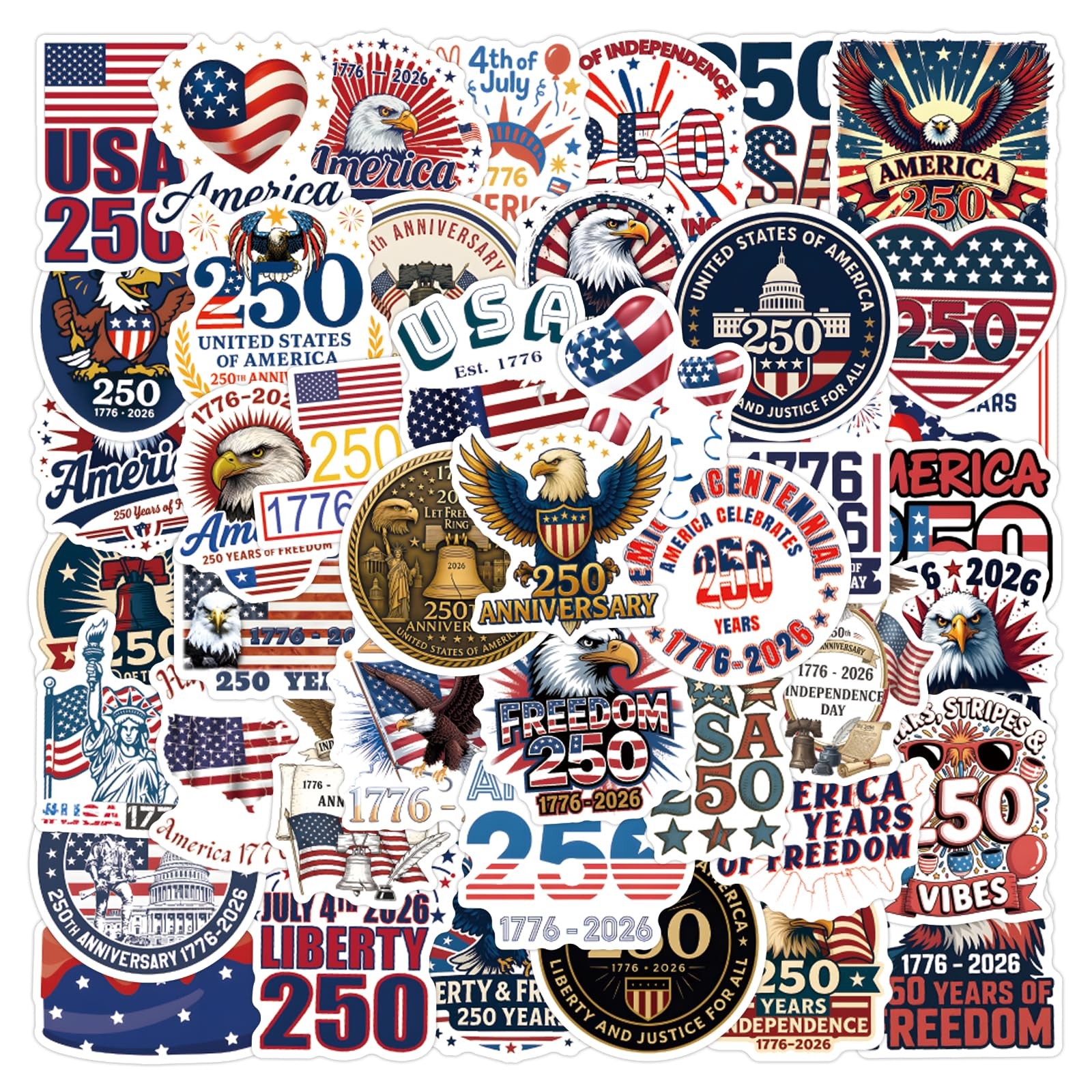 USA 250th Anniversary Stickers 50PCS Patriotic Waterproof Vinyl Decals Set