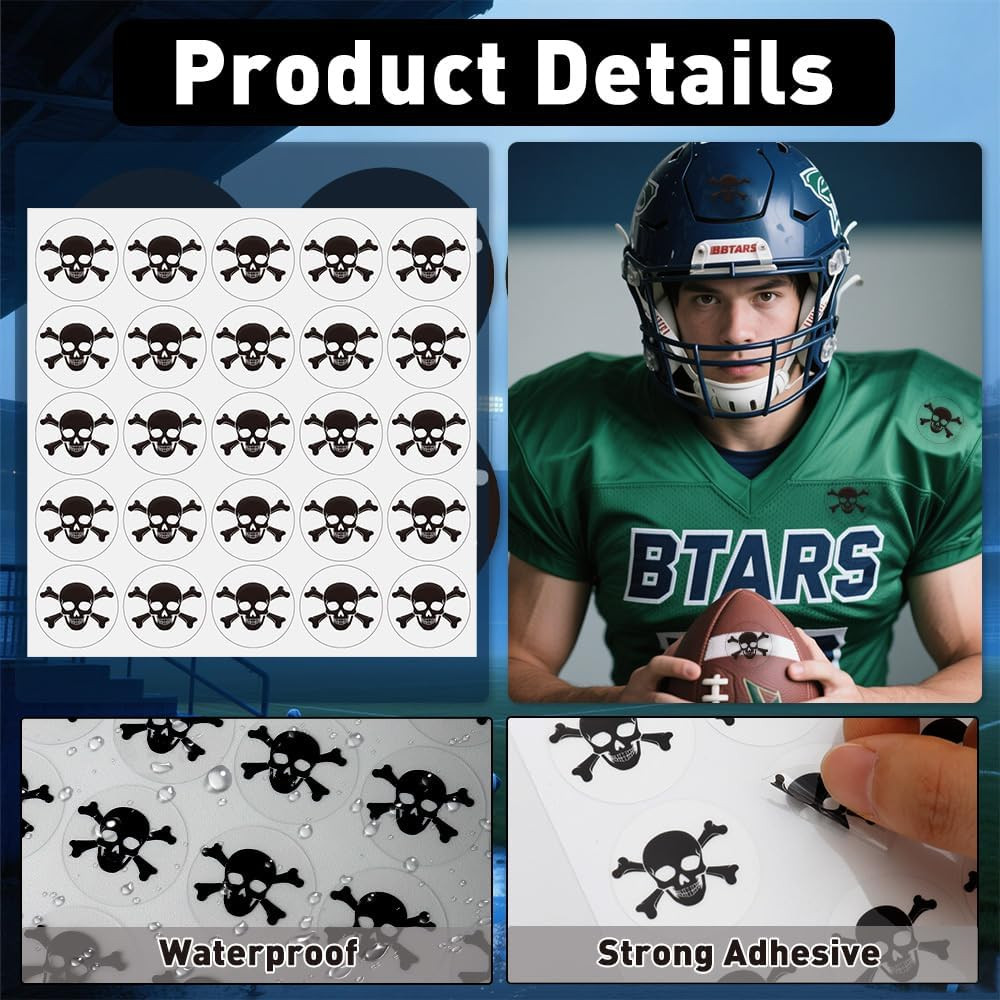 Skull Helmet Stickers, 200 Pcs Youth Football Helmet Stickers, 1-1/8 Inches Viny