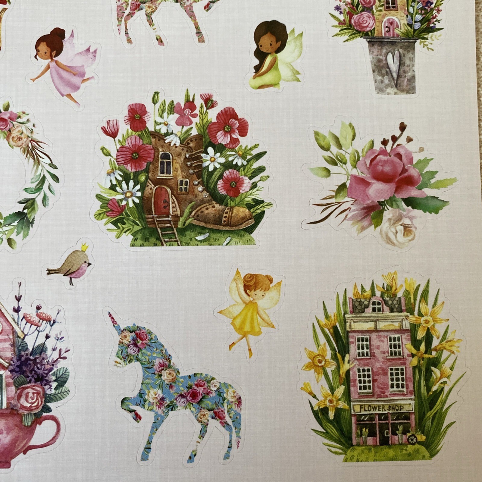 Kid Fairies Flowers Butterflies Unicorn Fantasy Flower Shop Teapot Stickers New