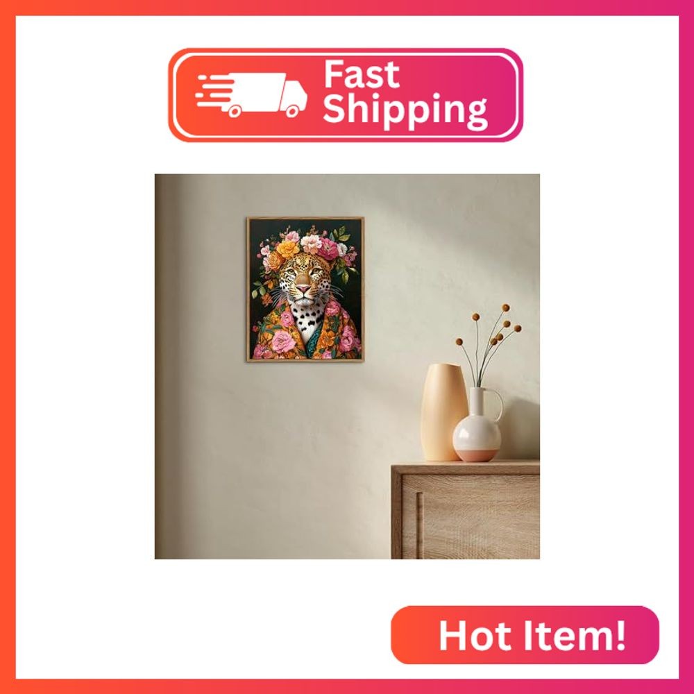 ARTZIO Abstract Cheetah Wall Art, Pink Flower Framed Decor, Vintage Animal Aesth