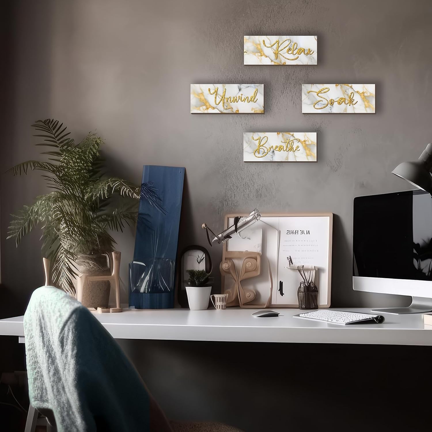 Versatile Wooden Wall Art Set in White Gold – Ideal for Bathroom & Living Spaces