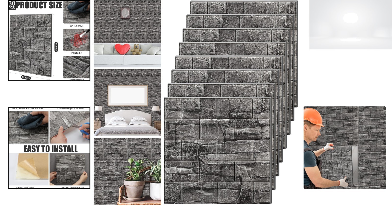 Peel Stick Brick Wallpaper 30 Panels 3D Foam Decorative Wall Tiles Black 28.8ft²