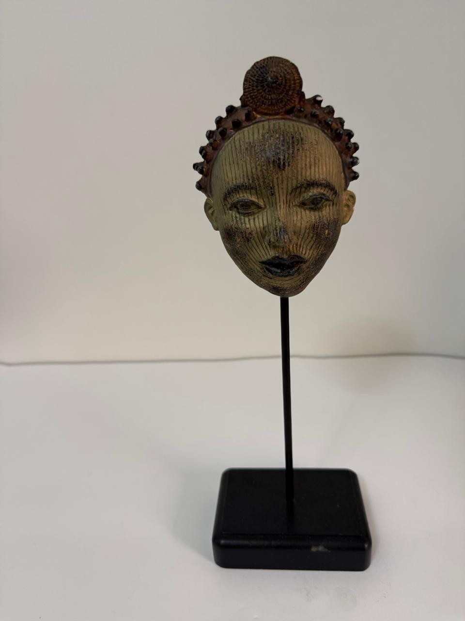 African Metal Head Sculpture Statue on Stand Tribal Art Decor Vintage Style Figu