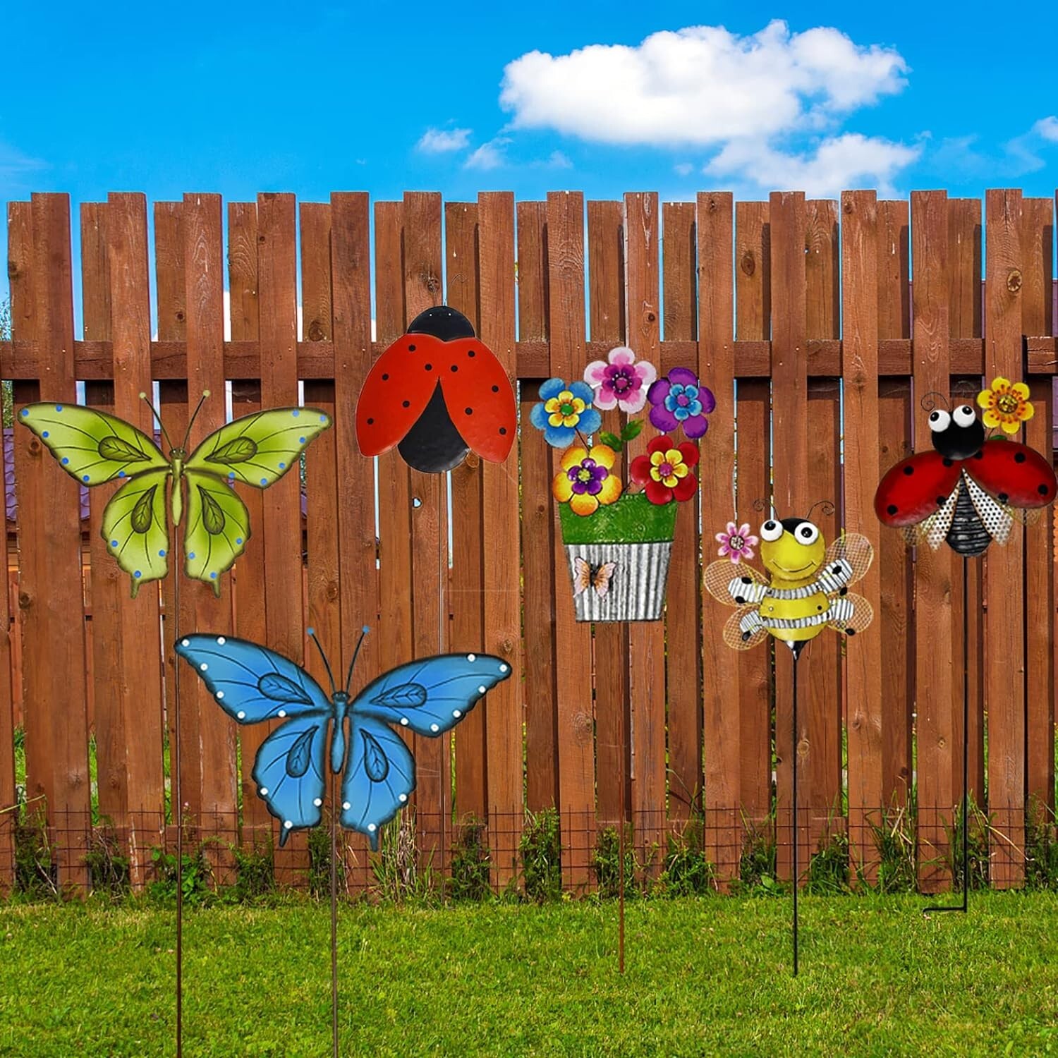 Metal Garden Stake Spring Yard Sign Decorative Plant Stake(Blue+Green Butterfly)