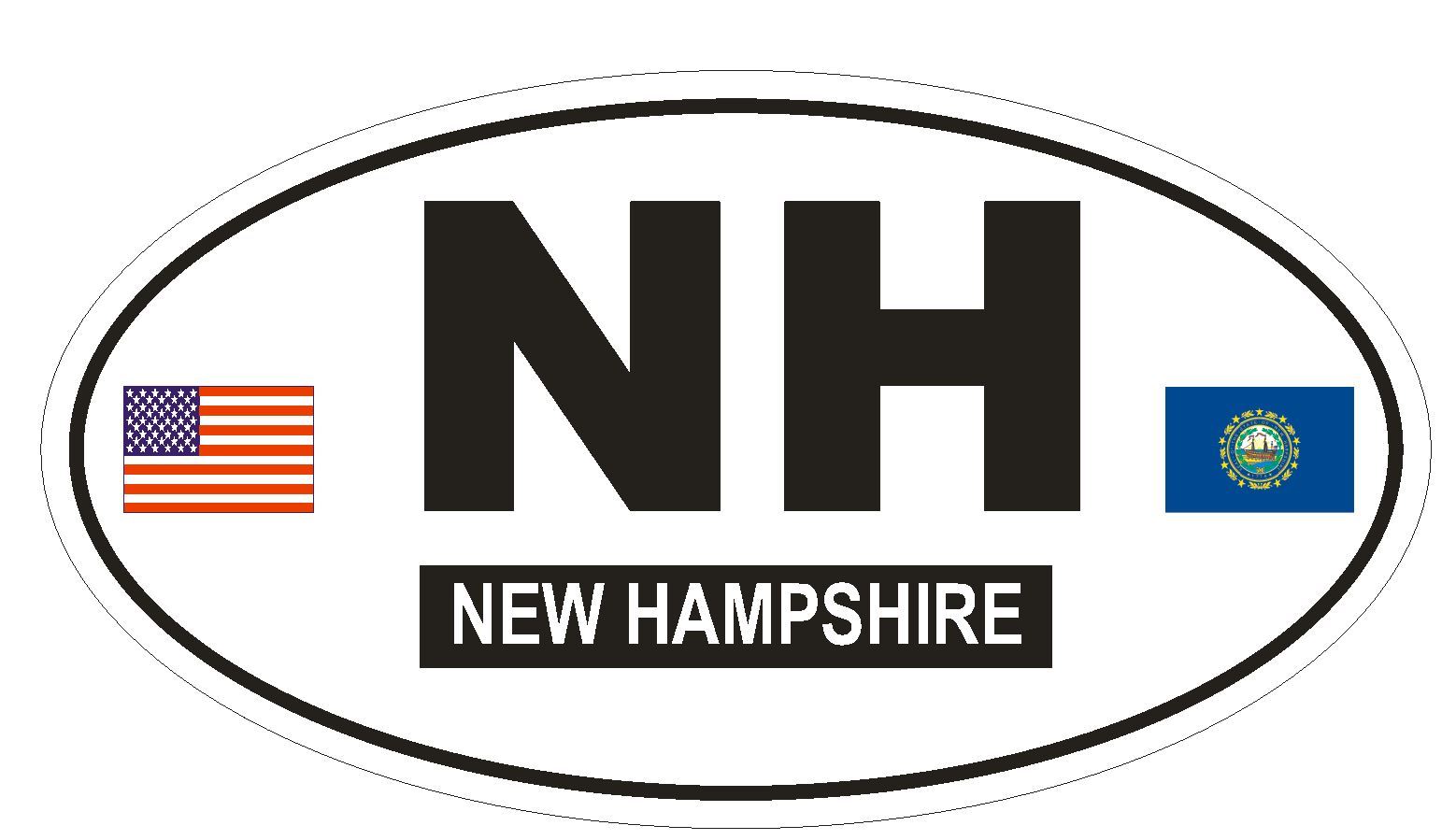 NH New Hampshire Oval Bumper Sticker or Helmet Sticker D785 Euro Oval with Flag