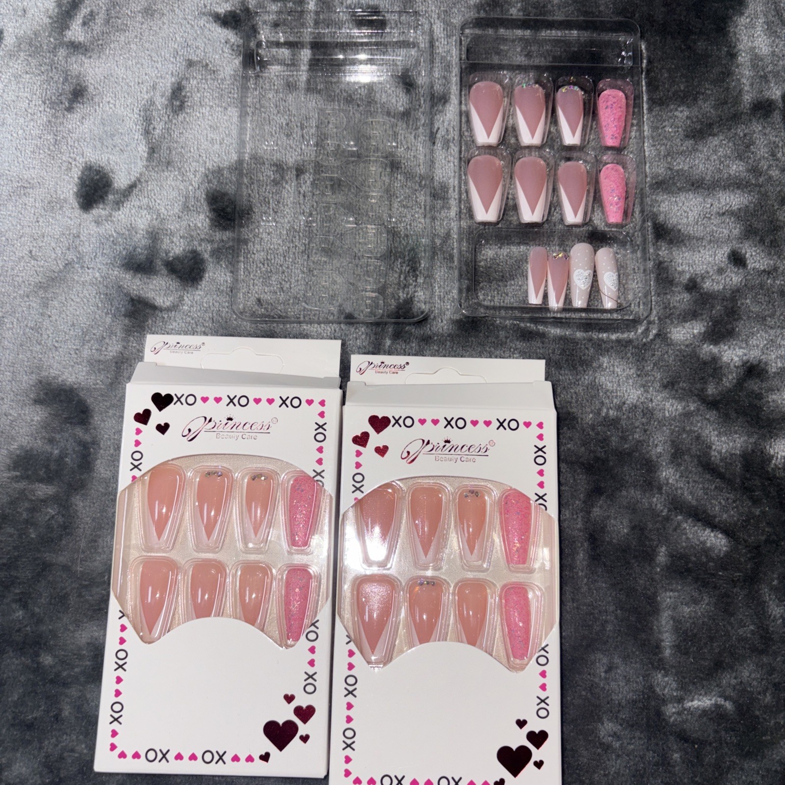 36 PCS Love and Hearts Press On Nails Medium Square Pink Glitter Heart F