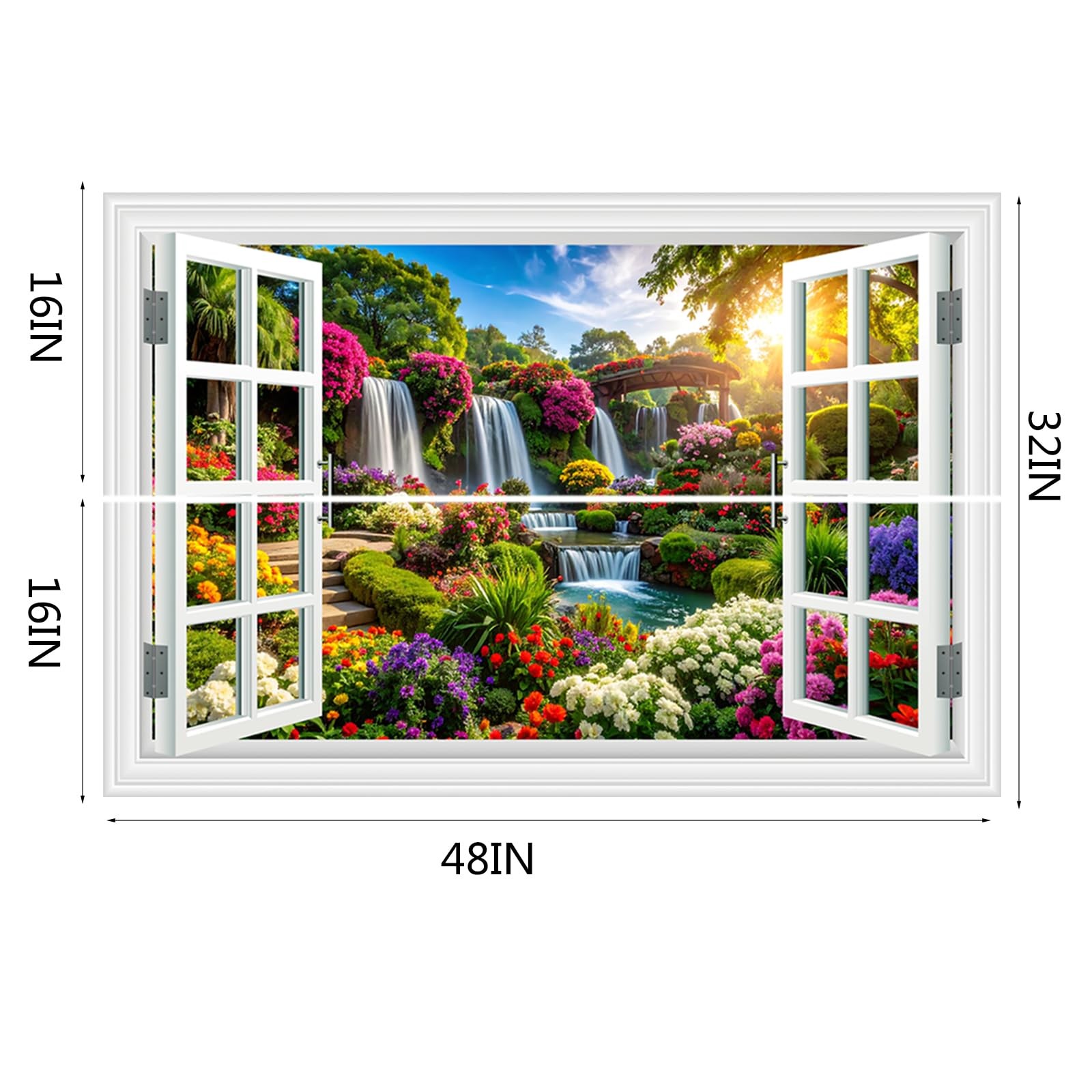 Fake Window Wall Sticker Decals- Morning Garden Flowers Waterfall Natural Sce…