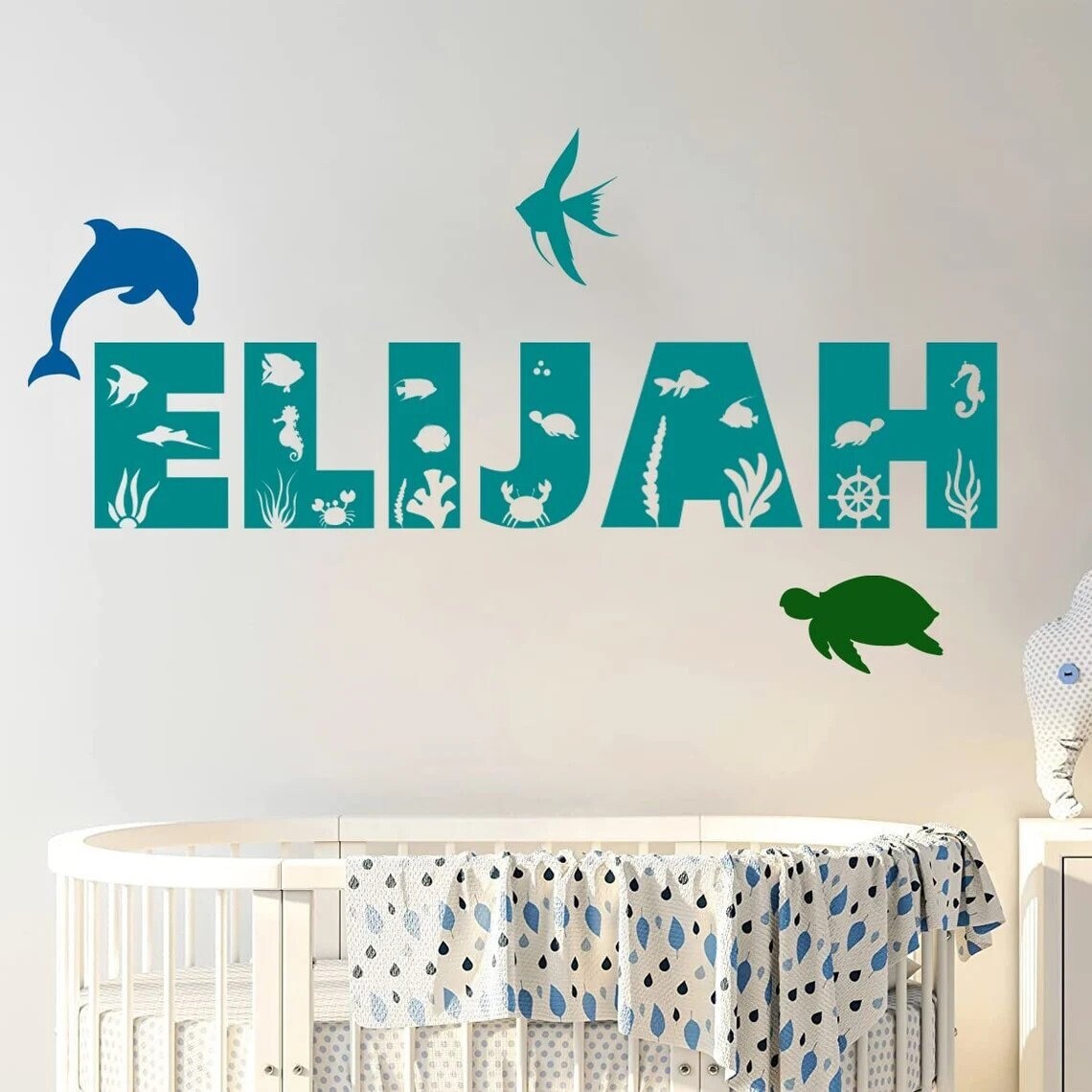 Custom Ocean Name Wall Decal, Ocean Theme Bedroom, Nursery Bedroom Decor,
