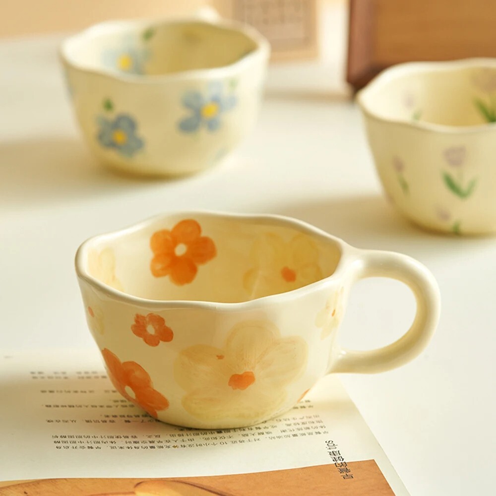 Handcrafted Ceramic Mug – Irregular Flower Coffee Cup, Korean Style for Tea
