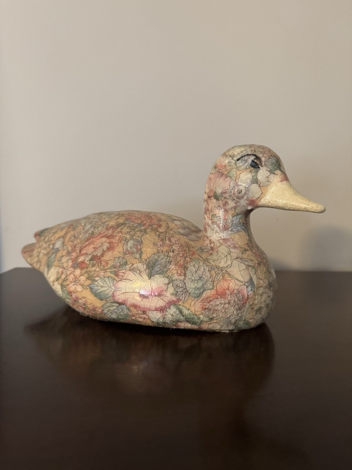Vintage Floral Decoupage Duck Decoy Figurine Country Cottagecore Home Decor