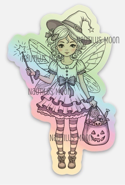 Sweet Girl Witch Fairy Doll *Holographic* Die-Cut 3" tall – Free Shipping