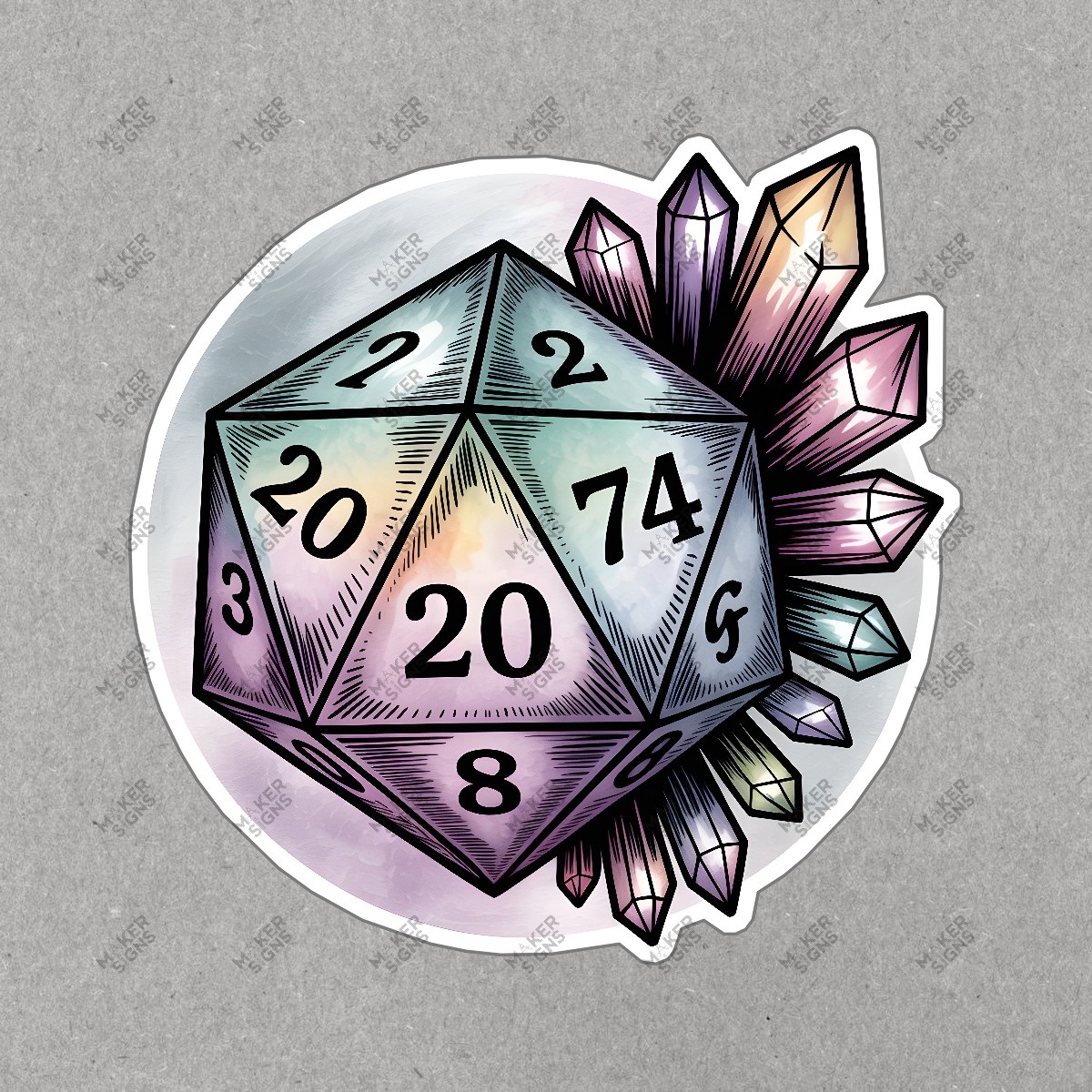 D20 Dice Sticker Fantasy Gaming Art Colorful Crystals Dungeons & #7818