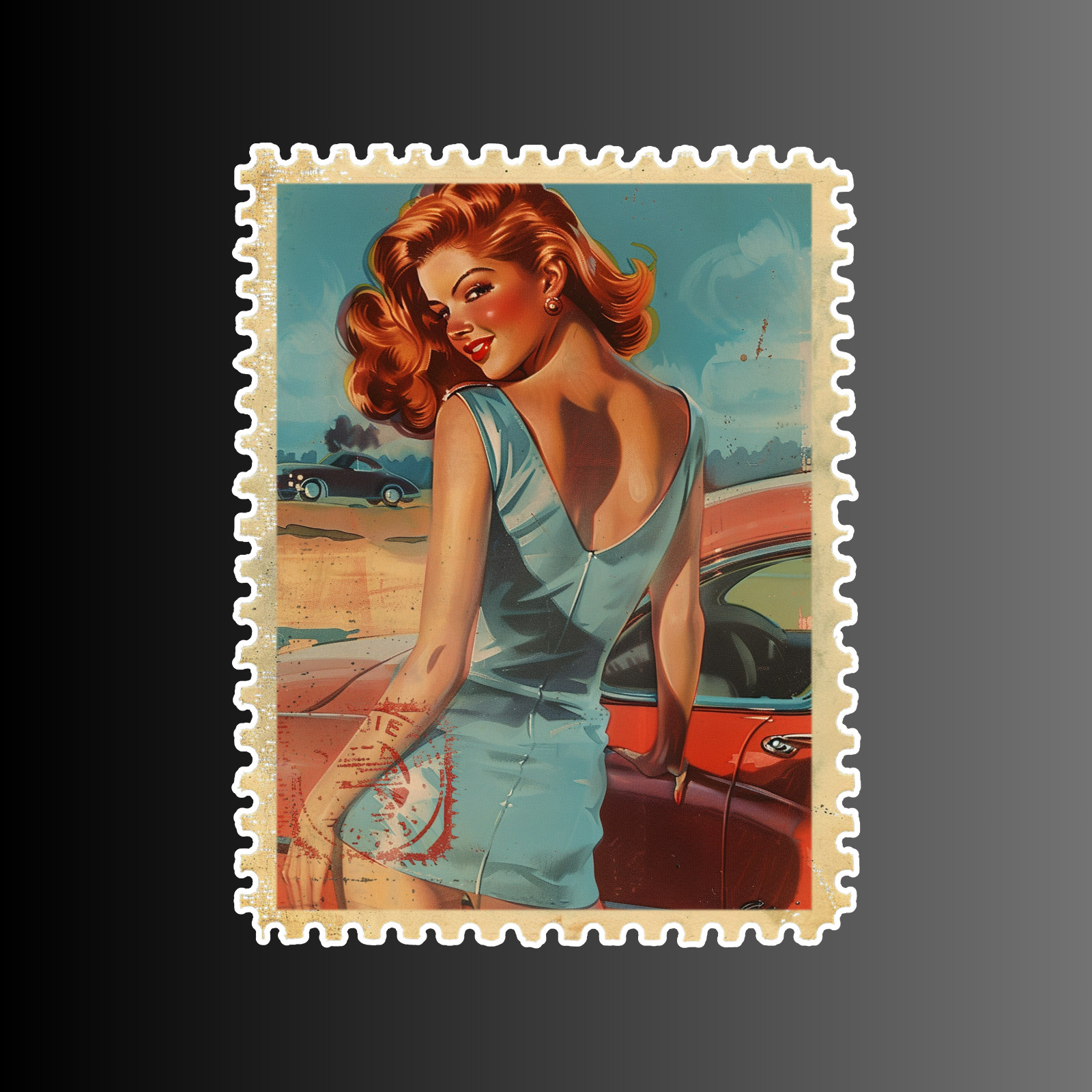 Pinup girl sticker vinyl decal woman vintage style postage stamp red head sexy