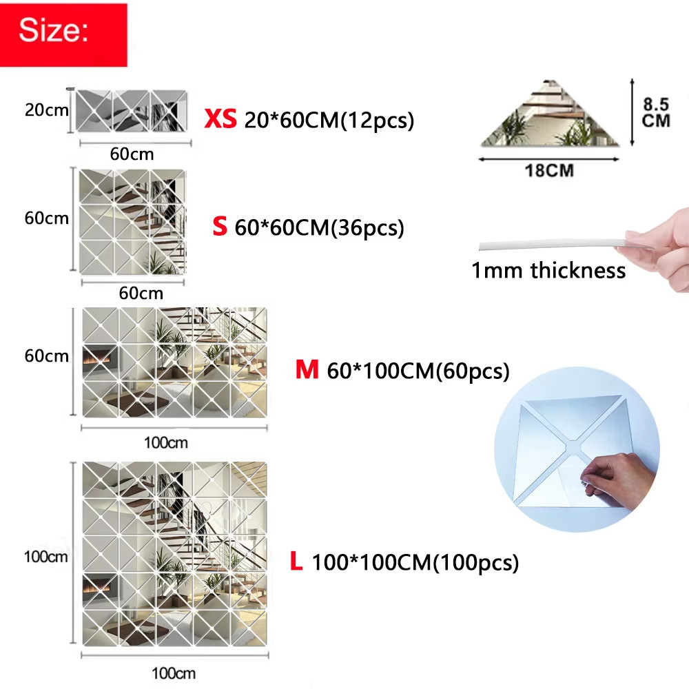 12/36/60/100pcs 3D Mirror Wall Stickers Acrylic Triangles Self-adhesive Square