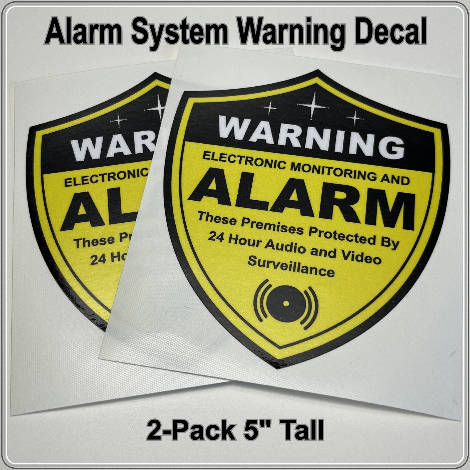 2-Pack Alarm System Warning Decals 5" Shield Shape Black and Yellow for Windows