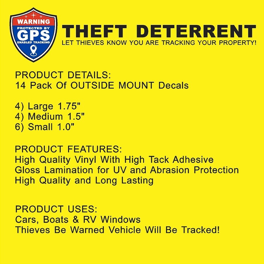 14 PACK GPS Tracking Warning OUTSIDE MOUNT Theft Deterrent Stickers High Quality