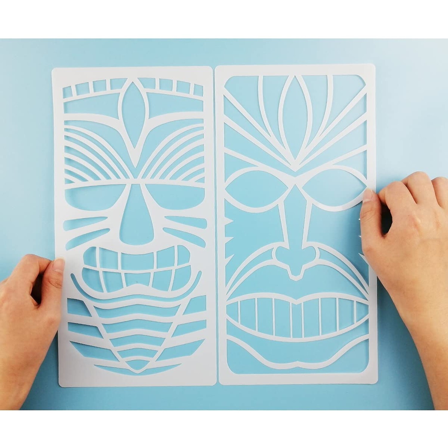 Tiki Tribe Stencils, 16 Pcs Tiki Totems Face with Open Mouth Stencils Reusabl…