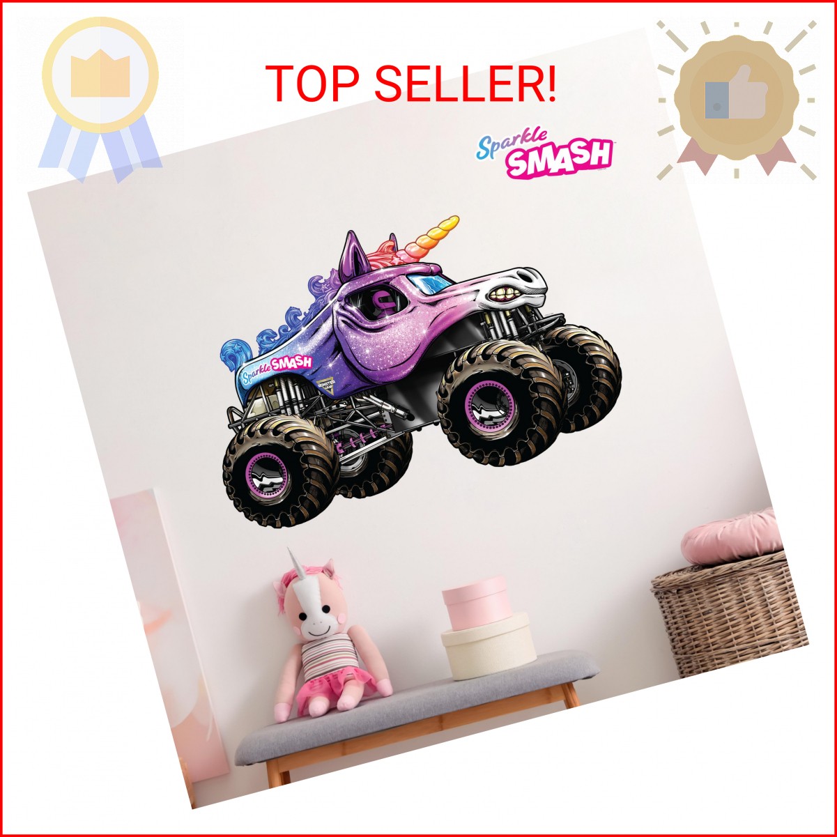 Monster Jam Sparkle Smash Truck Wall Decal – Large 21" Wide Monster Truck Wall V