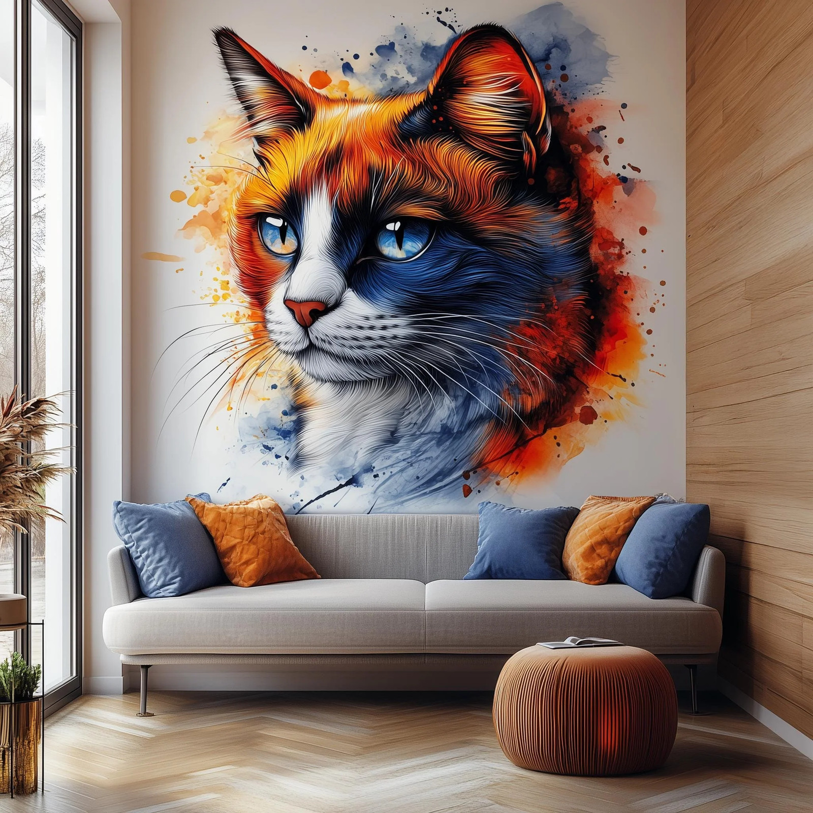 Calico Cat Wall Decal – Blue Eyed Domestic Shorthair Cat Sticker – Abstract