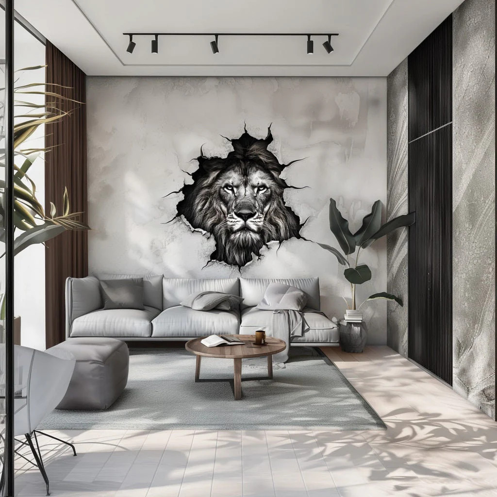 3D Lion Head Wall Decal – Majestic Lion Sticker – Realistic Monochrome Animal