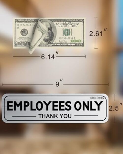 2pcs Employees Only Sign Stickers, Metal like Brushed Silver, 9"x2.5", Back