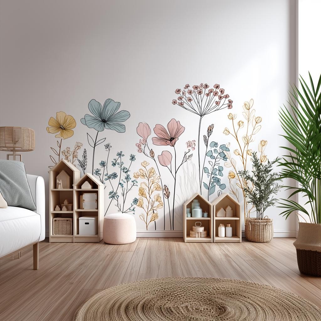 Floral Line Art Wall Decal | Boho Botanical Wall Sticker