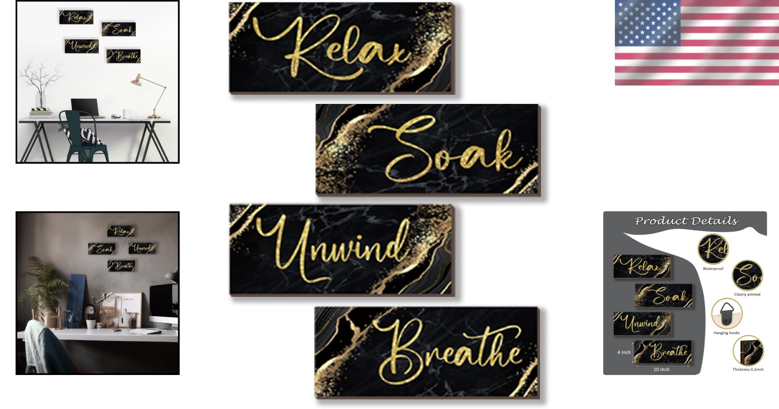 Luxury Black and Gold Wooden Wall Decor – Rustic Marble Style Art for Relaxation