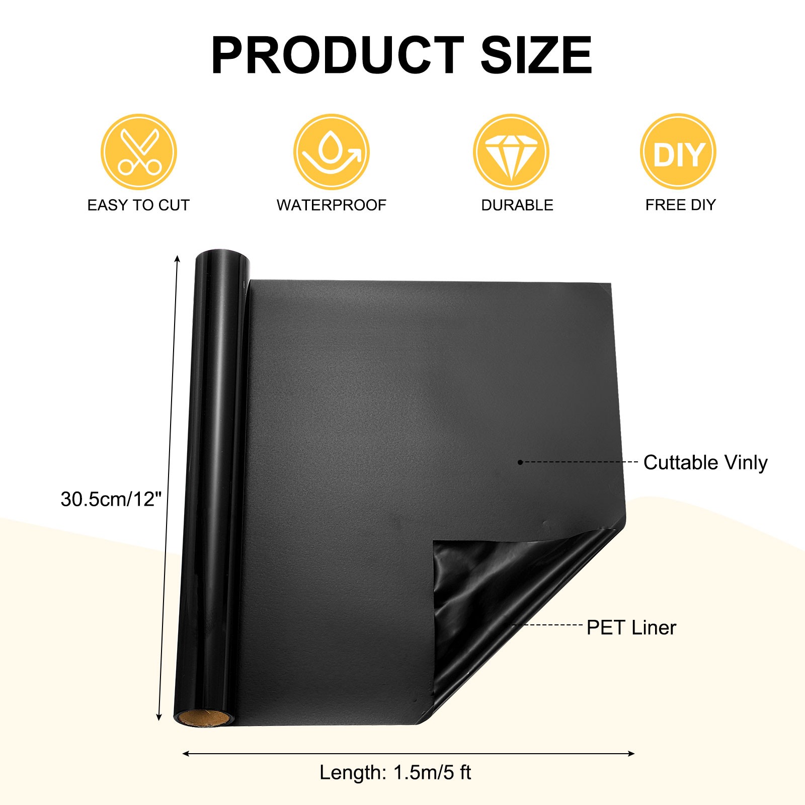 Permanent Black Vinyl Film, 12"" x 5ft Roll for