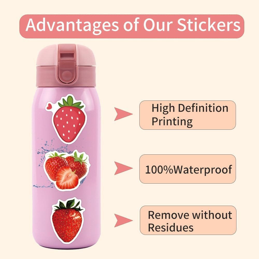 55 PCS Strawberry Stickers, Waterproof Vinyl Fresh Strawberry Decals for Skatebo