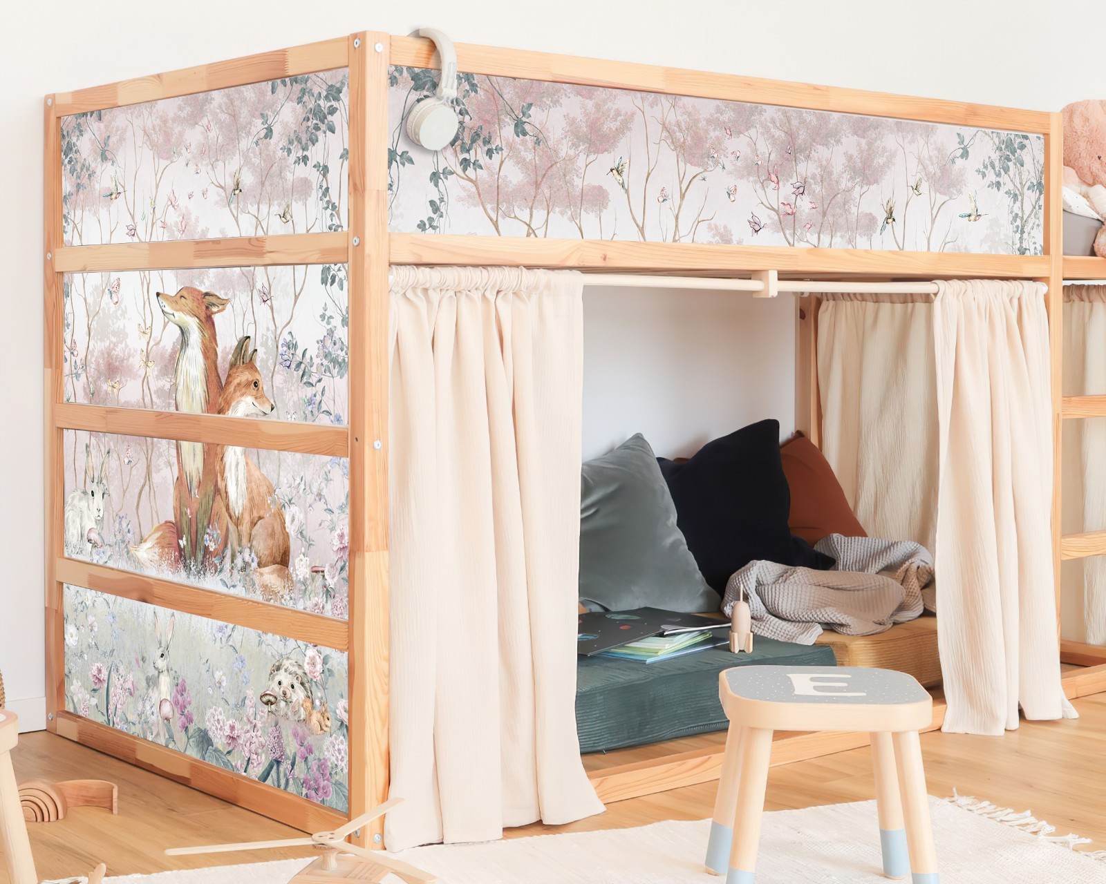 PFox Woodland IKEA KURA Bed Decals, Pastel Forest Vinyl Stickers, Peel and Stick