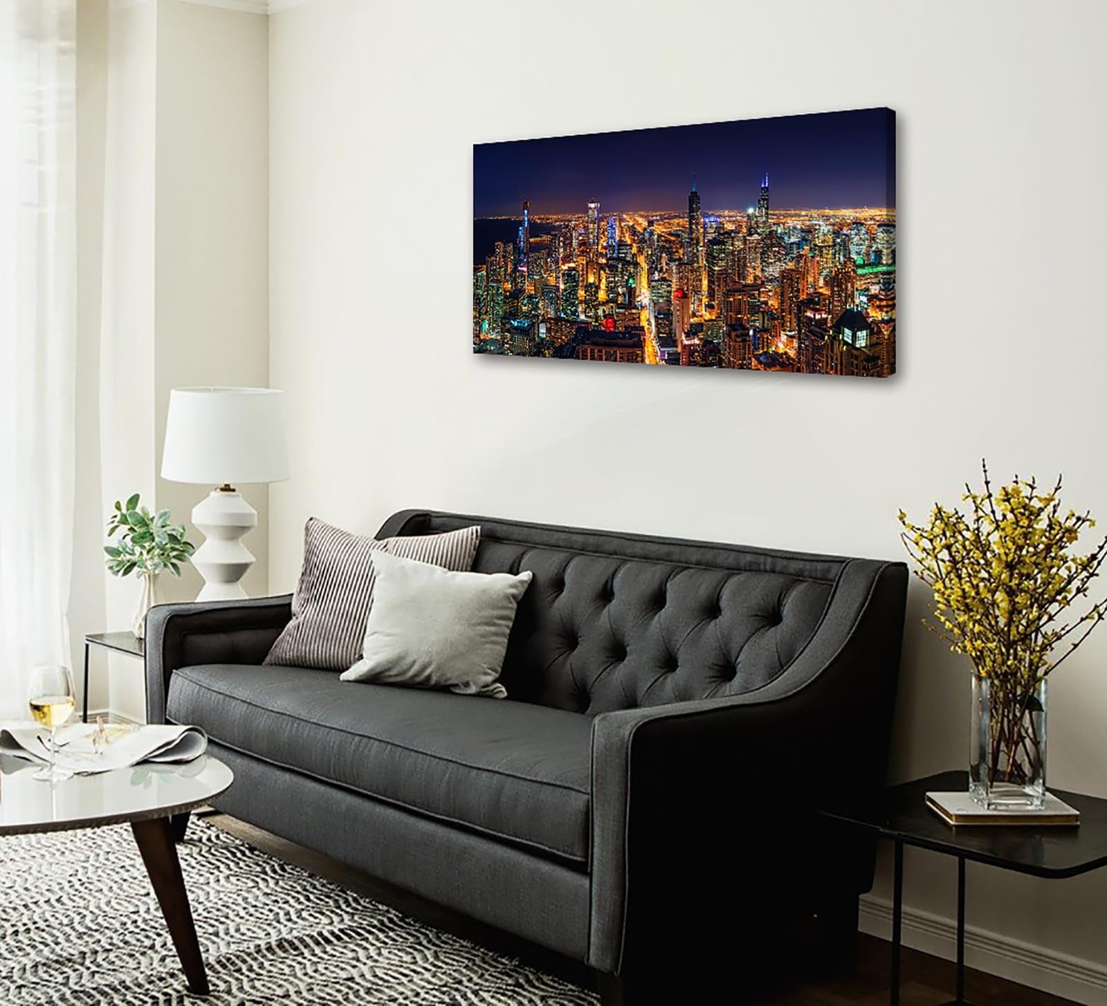 Chicago Skyline Wall Art – Colorful Modern USA Downtown City Night View Canva…