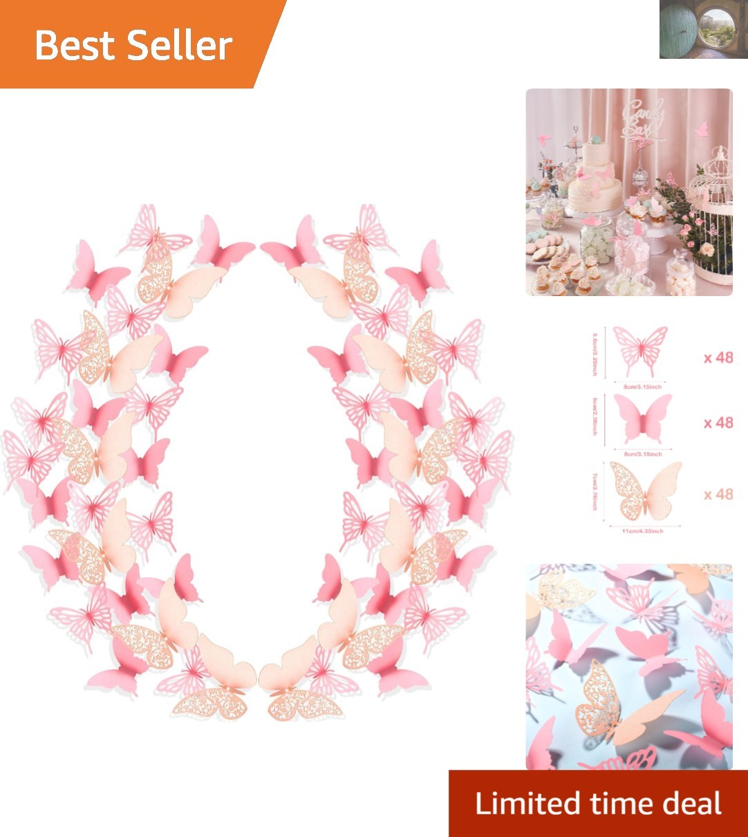 Romantic 3D Pink Butterfly Wall Stickers – 144 Assorted Pieces for Parties