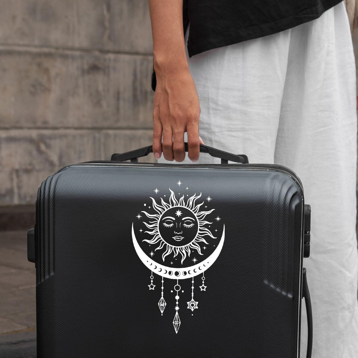Sun and Moon Celestial Sticker, Boho Spiritual Line Art Decal with Stars and Cry