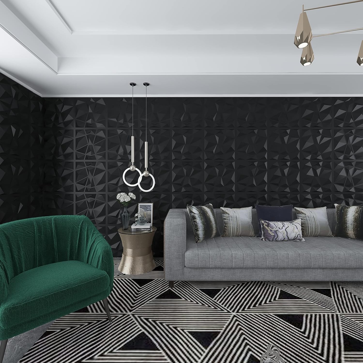 3D Wall Panels Diamond Textured PVC for Interior Decor Black 30x30cm 10 Pack