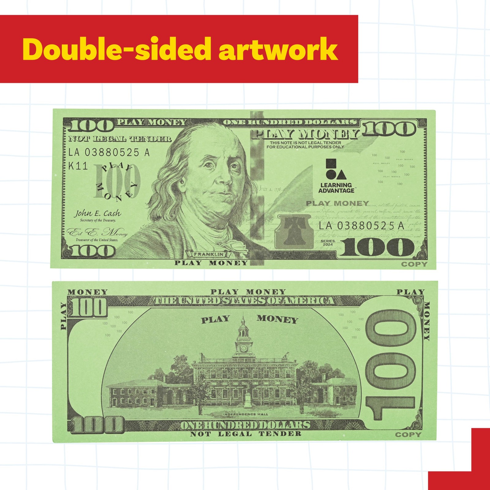 Learning Advantage One Hundred Dollar Play Bills | 6.25 x 2.5 inches, Green