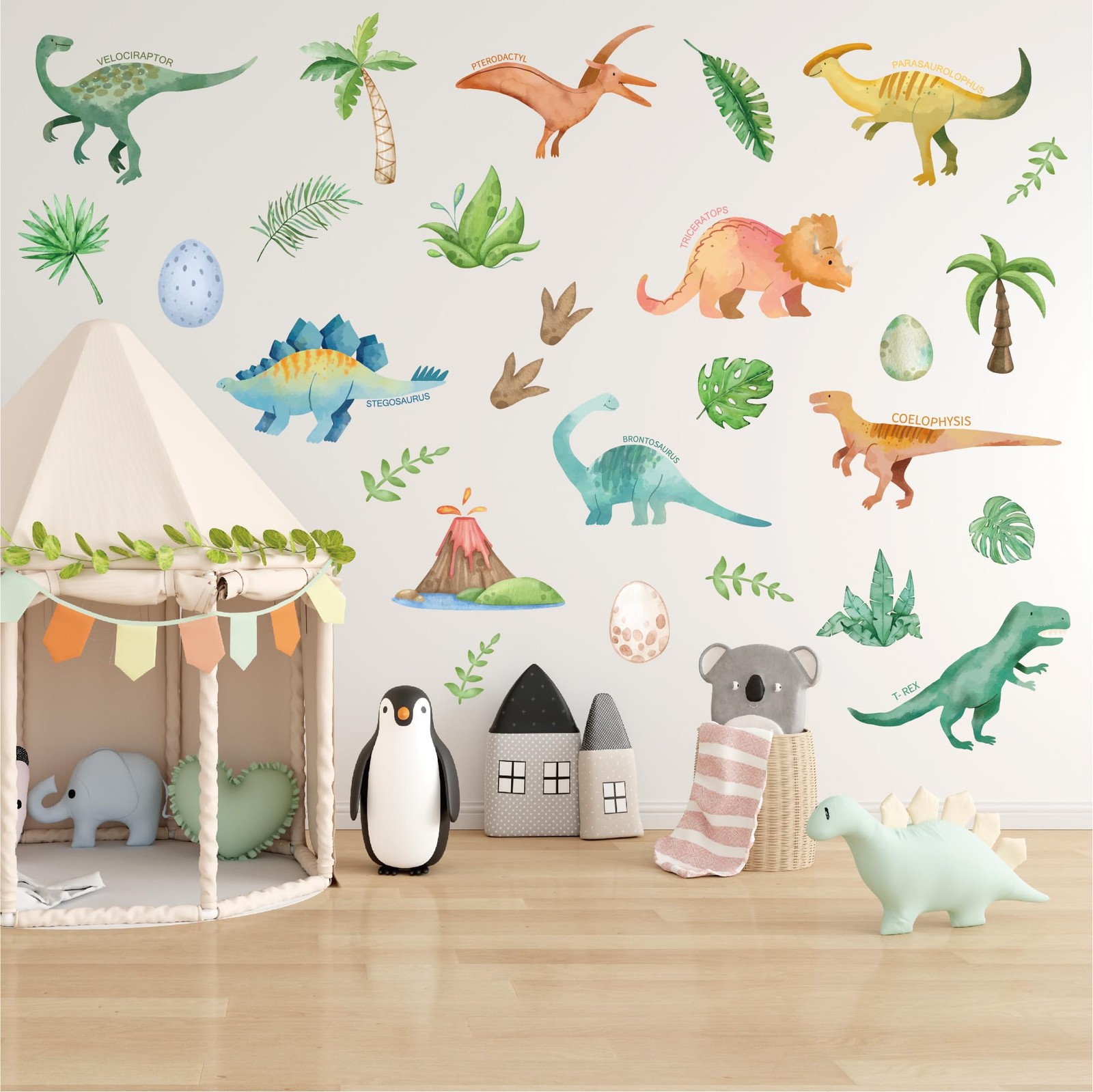 AOWDIAO Watercolor Dinosaur Wall Decals – 28 Pcs Peel and Stick